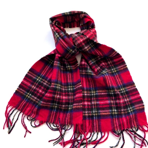 Lochmere 100% Cashmere Scarf w Fringe Rectangle RED BLUE Yellow Soft - Picture 1 of 7